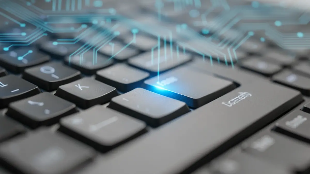 Generic image of a computer keyboard with an illuminated key, representing artificial intelligence.