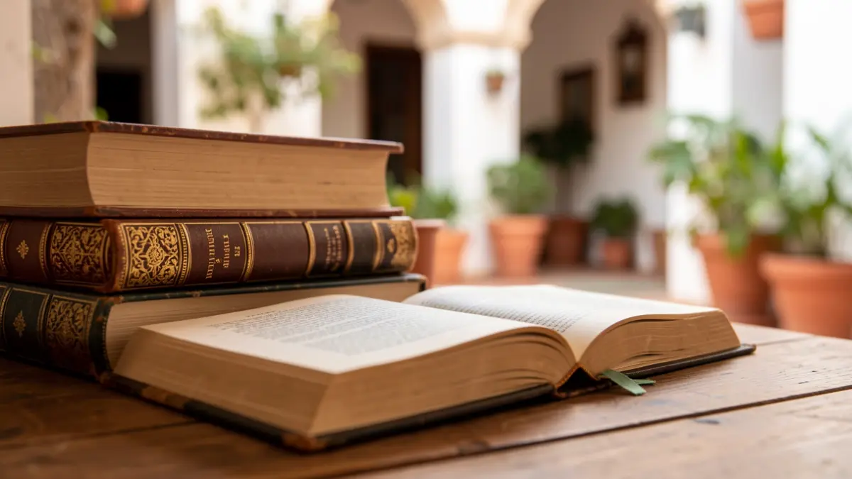 Imagen genérica de libros y un patio andaluz.