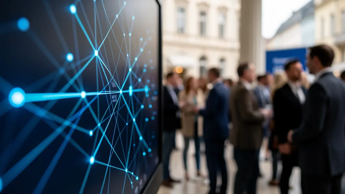 Imagen genérica de una pantalla con conexiones digitales y puntos de datos brillantes.