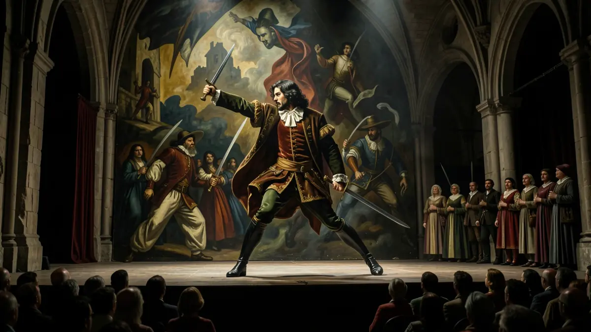 Escena teatral oscura y atmosférica de Don Juan Tenorio, inspirada en las Pinturas Negras de Goya.