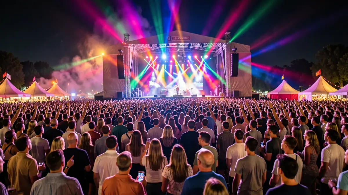 Generic image of a crowd at a music festival at night with stage lights.