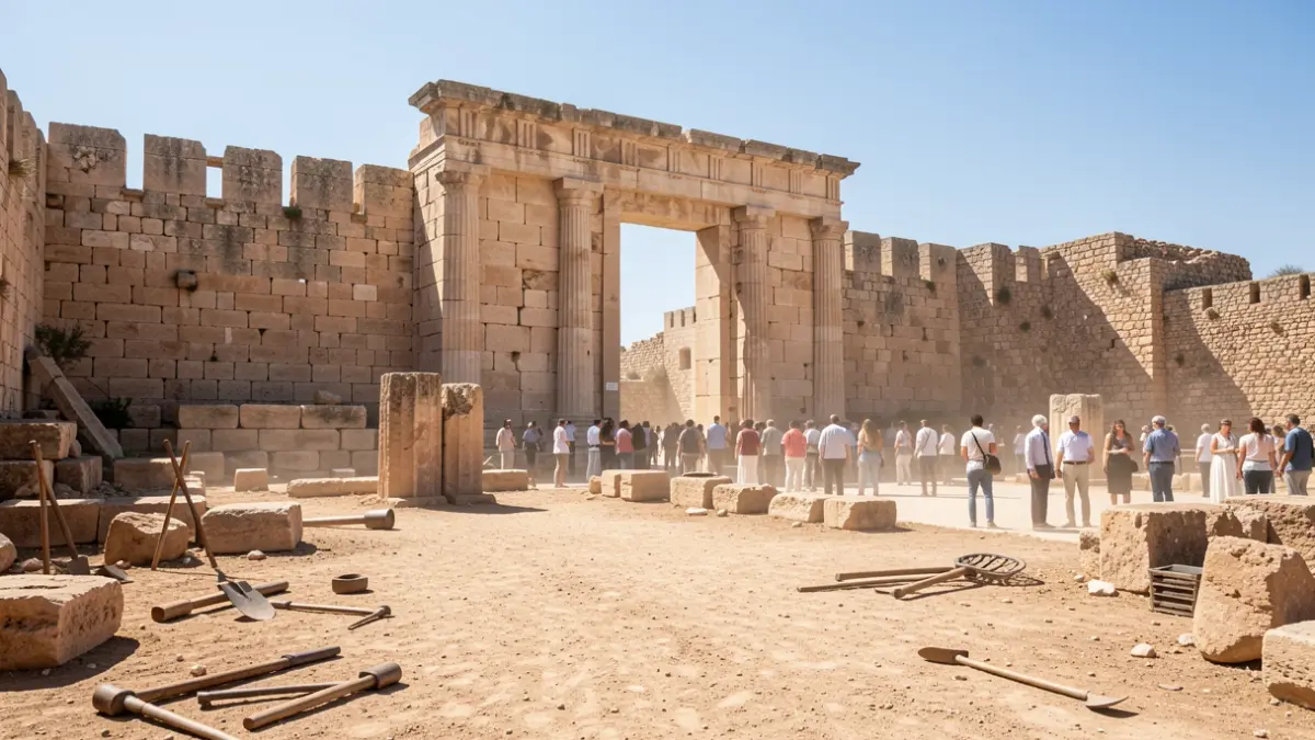 Facade of a Phoenician-Punic archaeological site with a monumental gate.
