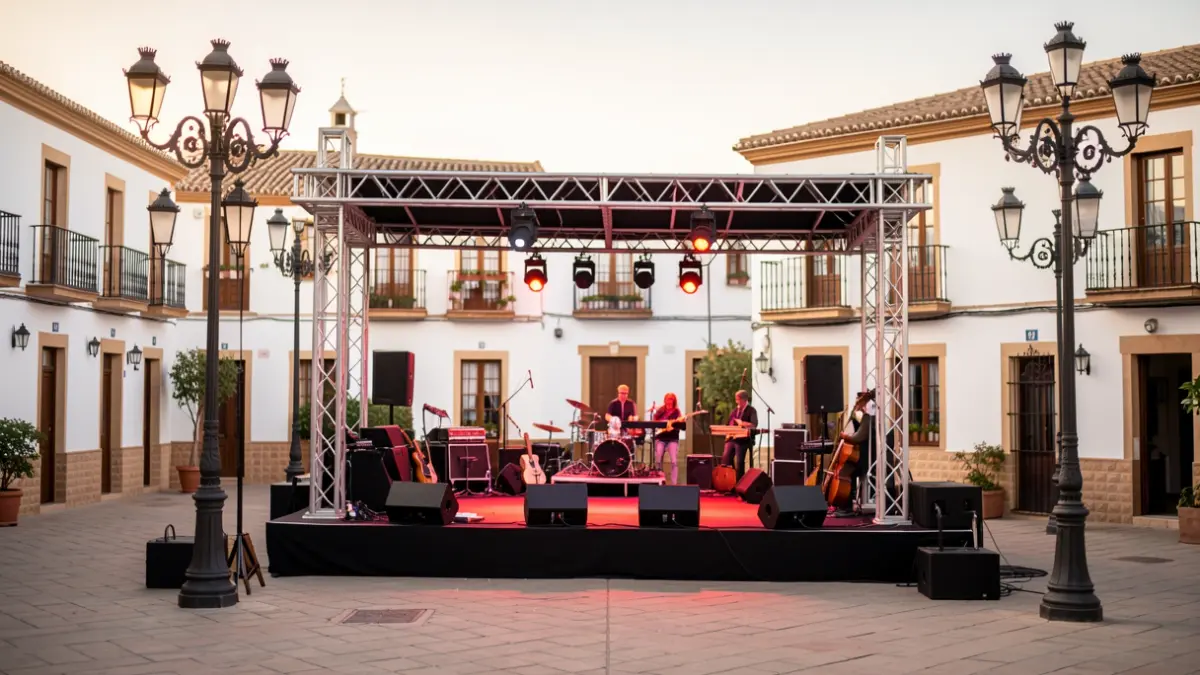 Escena genérica de un festival cultural en una plaza andaluza al atardecer.