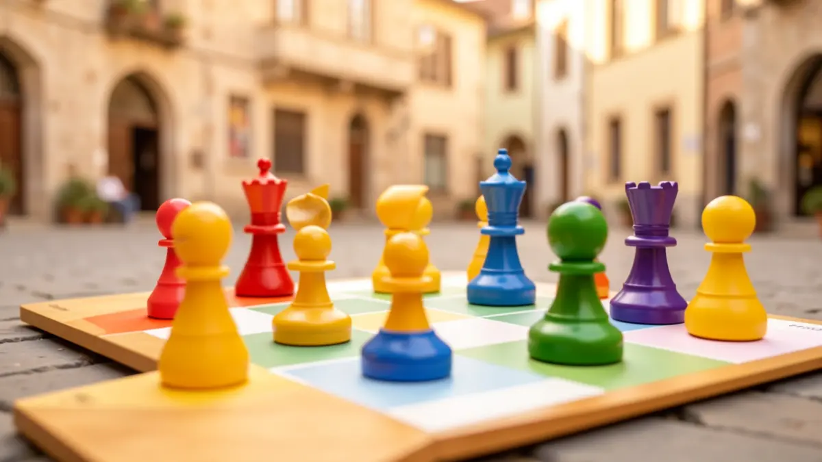 Generic image of an abstract game board with colorful pieces.