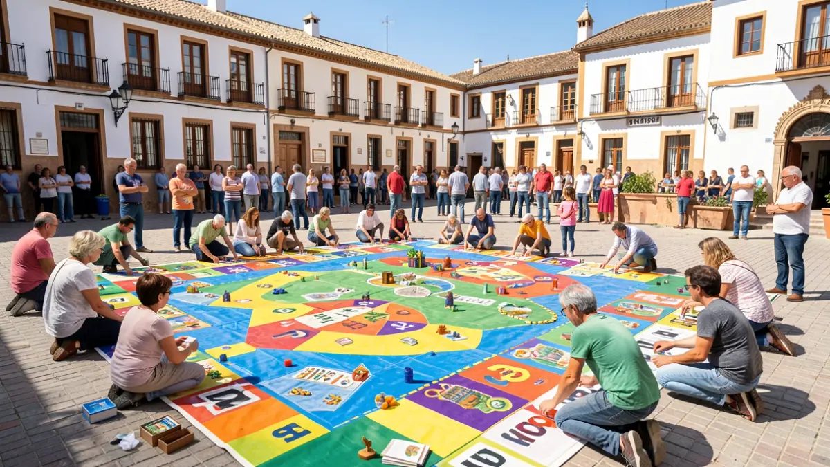 Generic image of a large popular festival in an Andalusian square with people participating in a game.