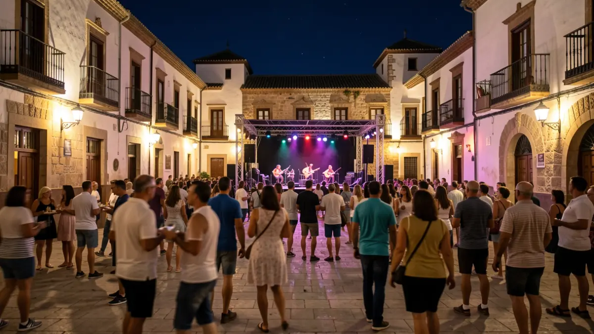 Imagen genérica de una plaza andaluza iluminada por la noche con un escenario.
