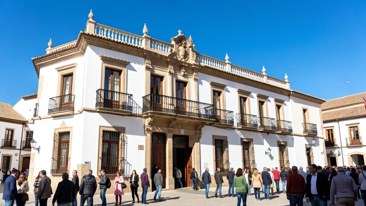 Facade of the Écija Town Hall, a historic building with ornate balconies under a blue Andalusian sky.
