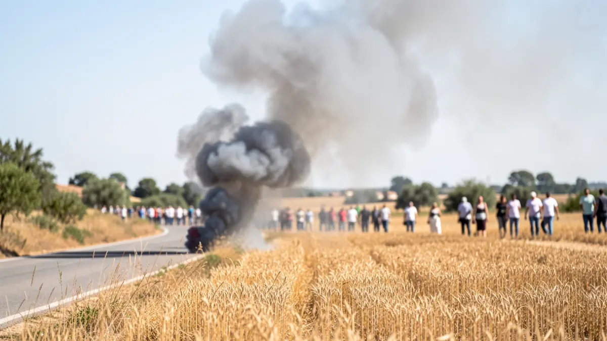 Generic image of a smoke column over dry grass fields in a rural setting.