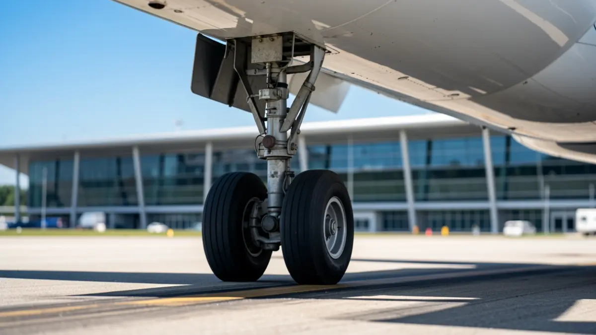 Airplane landing gear touching down on the Córdoba airport runway.