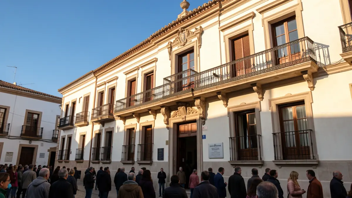 Fachada de un ayuntamiento andaluz con balcón y barandillas de hierro, luz de sol de la tarde.