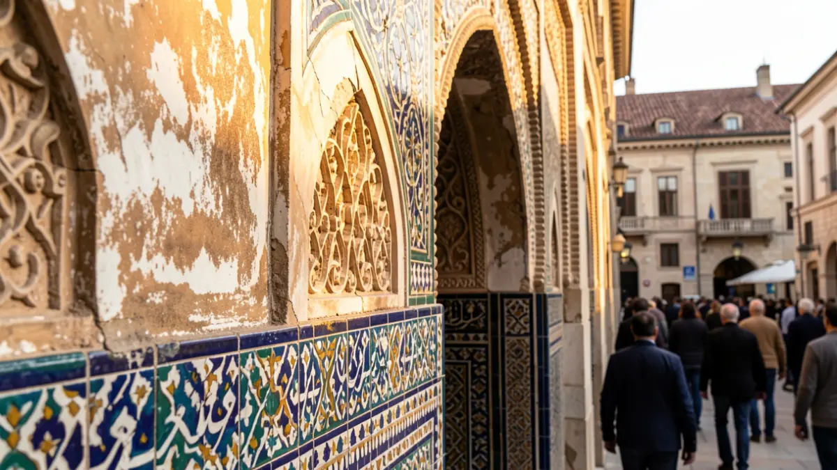 Detalle de azulejos y arcos del Real Alcázar de Sevilla con signos de humedad.