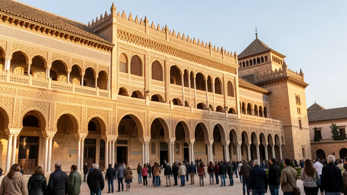 Facade of the Real Alcázar of Seville with details of Mudéjar tiles and arches under Andalusian sunlight.