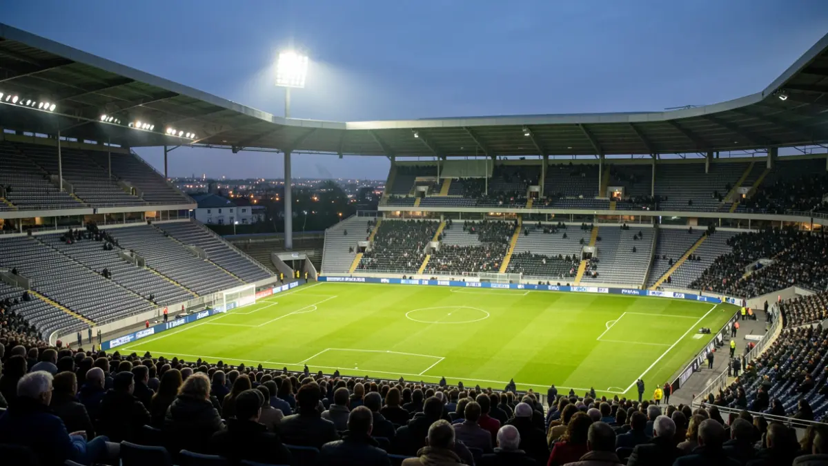 Generic image of an empty football stadium at dusk with lights on.