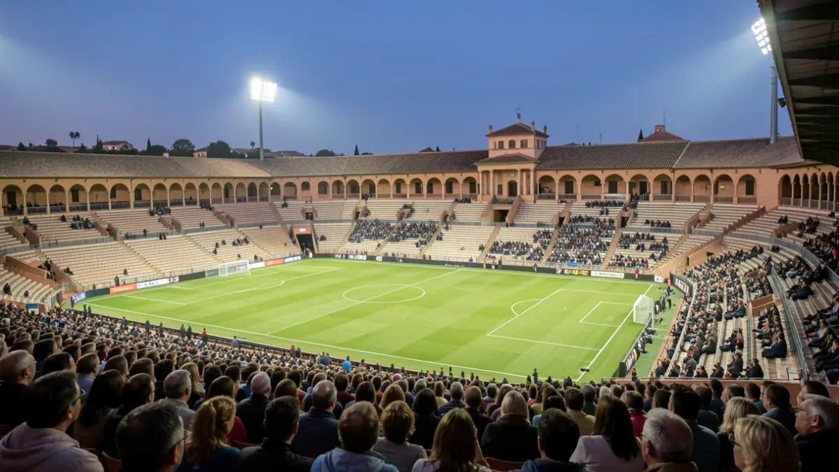 Imagen genérica de un estadio de fútbol andaluz al atardecer.