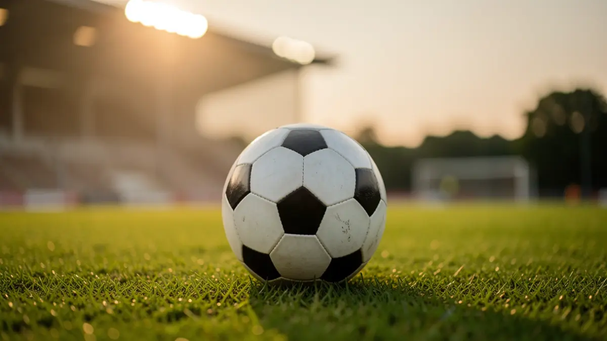 Balón de fútbol sobre césped con luces de estadio desenfocadas.