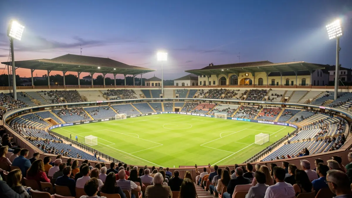 Estadio de fútbol andaluz al atardecer con el césped iluminado.