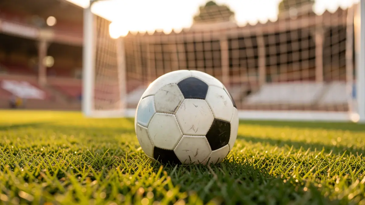 Imagen genérica de un balón de fútbol sobre césped con una portería desenfocada al fondo.