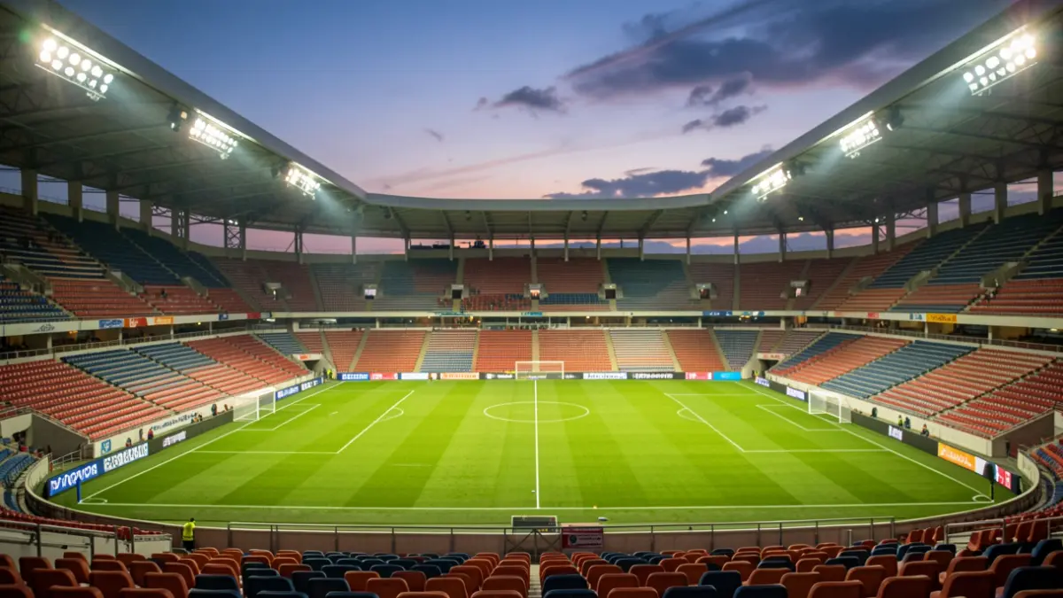 Estadio de fútbol vacío al atardecer con luces encendidas.