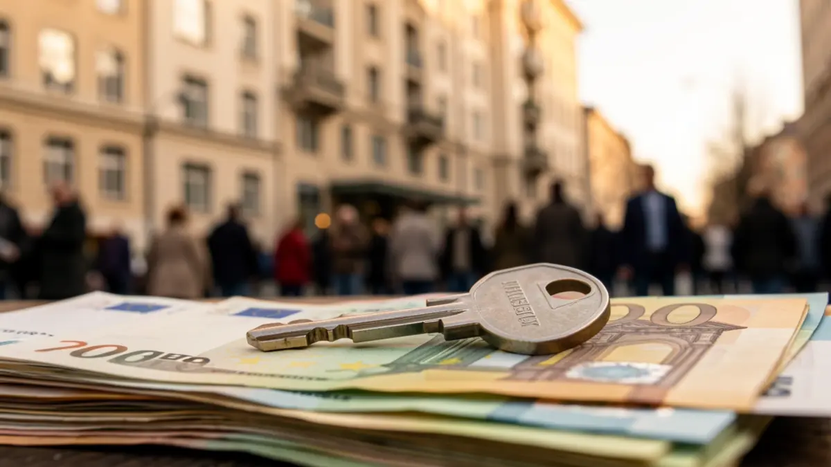 Llave de casa sobre billetes de euros con un edificio de apartamentos borroso al fondo.