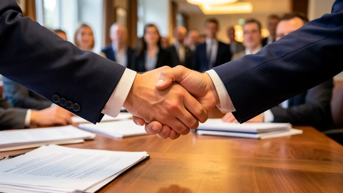 Imagen genérica de dos personas estrechando la mano sobre un escritorio.