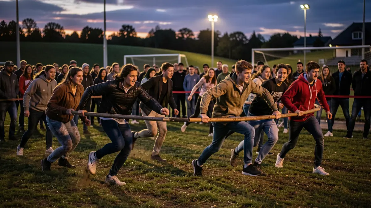 Young people competing in a Ninja Warrior-style obstacle course in a sports field at dusk.