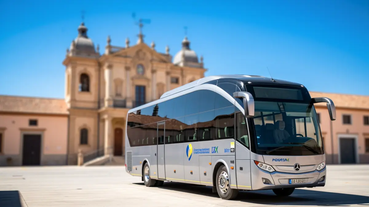Autobús híbrido municipal aparcado en un depósito con el Ayuntamiento de Cádiz al fondo.