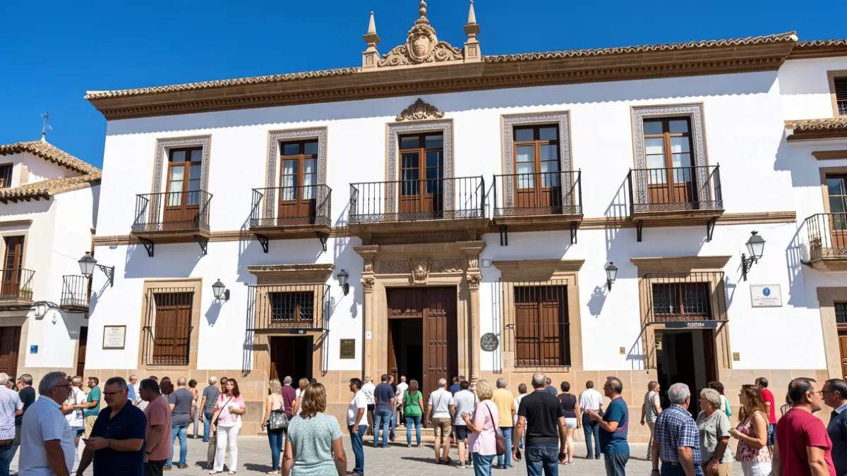 Facade of the Peligros Town Hall with balcony and tiles.