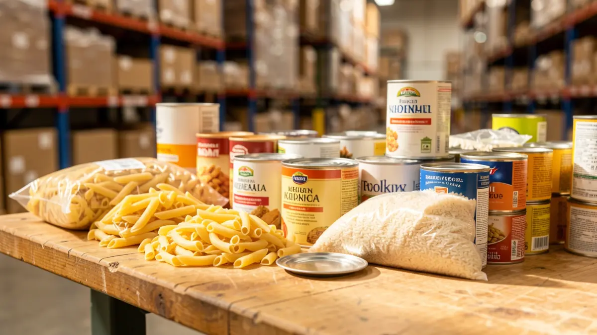 Generic image of non-perishable food items arranged for distribution.
