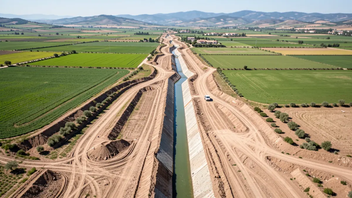 Aerial view of a construction channel in the Andalusian countryside to prevent floods.