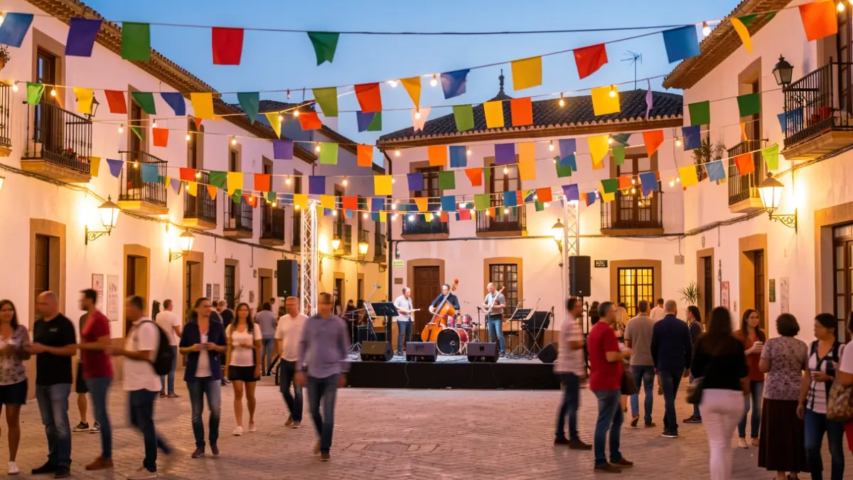 Generic image of an Andalusian town square decorated for a popular festival with lights and a stage.