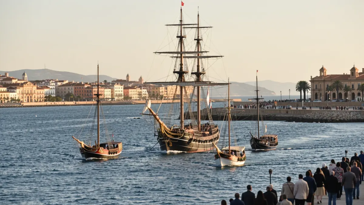 The school ship 'Juan Sebastián de Elcano' enters the Bay of Cádiz escorted by boats.