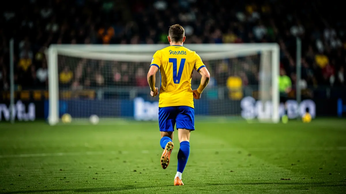 Jugador de fútbol con uniforme amarillo y azul corriendo en un estadio.