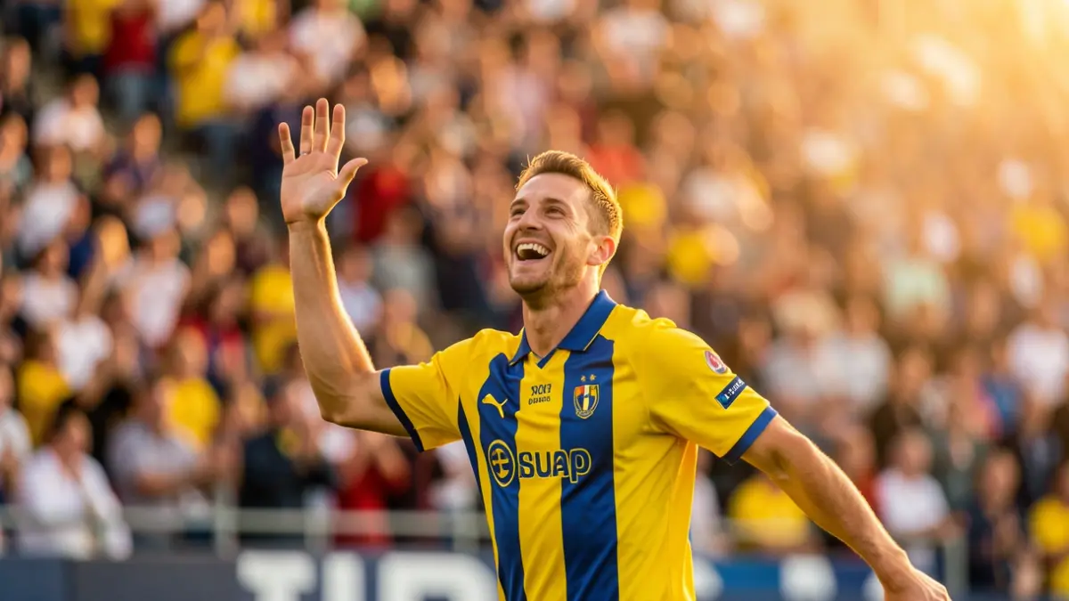 Cádiz CF football player celebrating a goal.