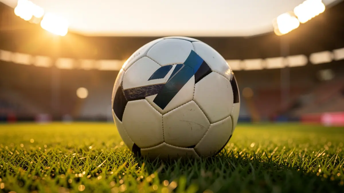 Soccer ball on a stadium pitch.