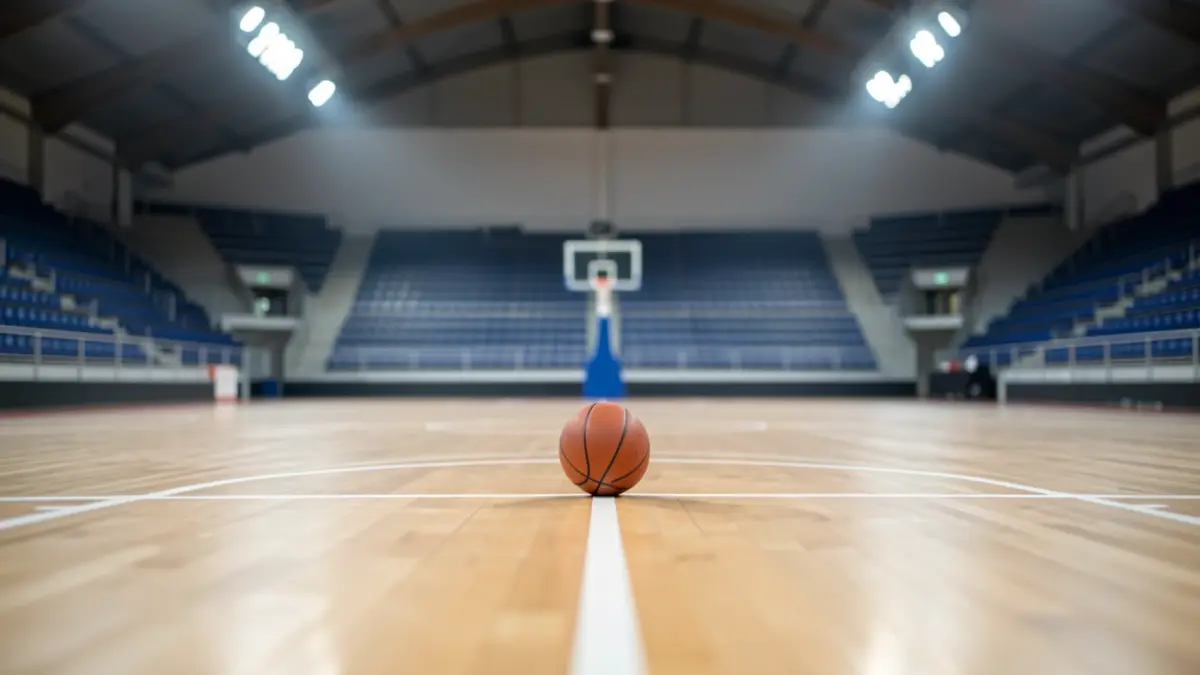 Imagen genérica de una cancha de baloncesto vacía con luces de estadio.