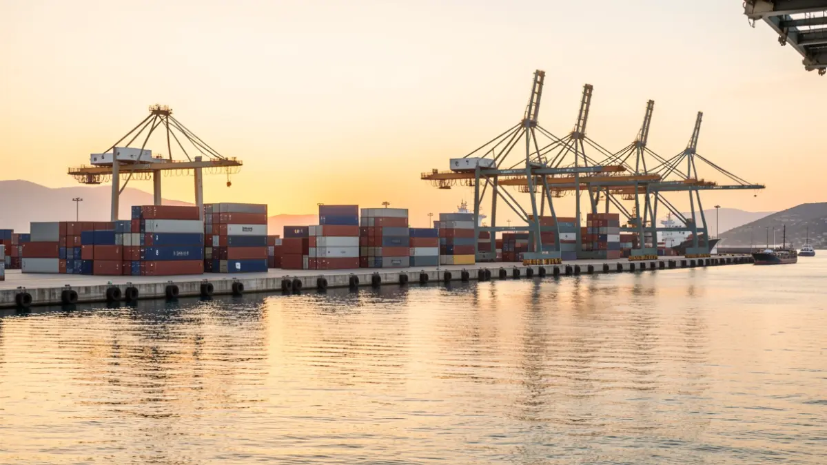 Generic image of port infrastructure and commercial logistics at sunset.