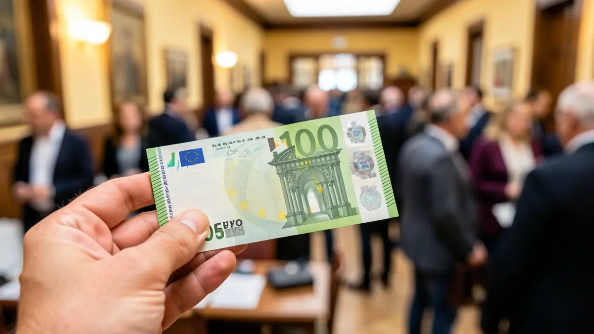 Close-up of a 100 euro banknote in a hand with a blurred Andalusian office environment in the background.