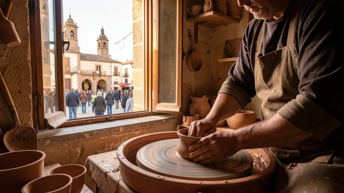 Interior de un taller de alfarería en Andalucía con un artesano trabajando en el torno y una ventana que muestra una plaza festiva.