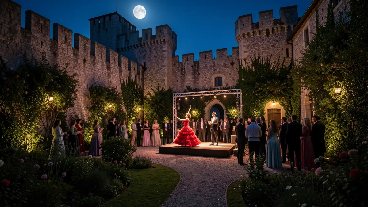 Jardines del Alcázar del Castillo de Castellar de la Frontera iluminados por la noche para un festival de flamenco.