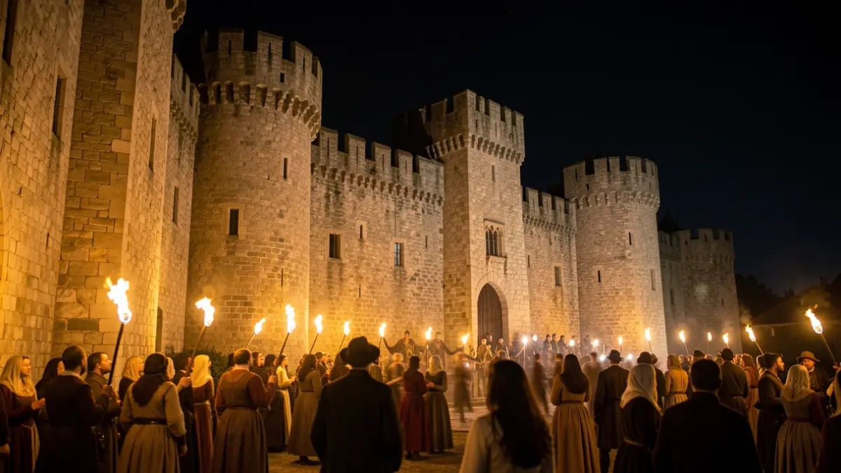 Castillo de Santa Catalina in Jaén during a nighttime mystery event.