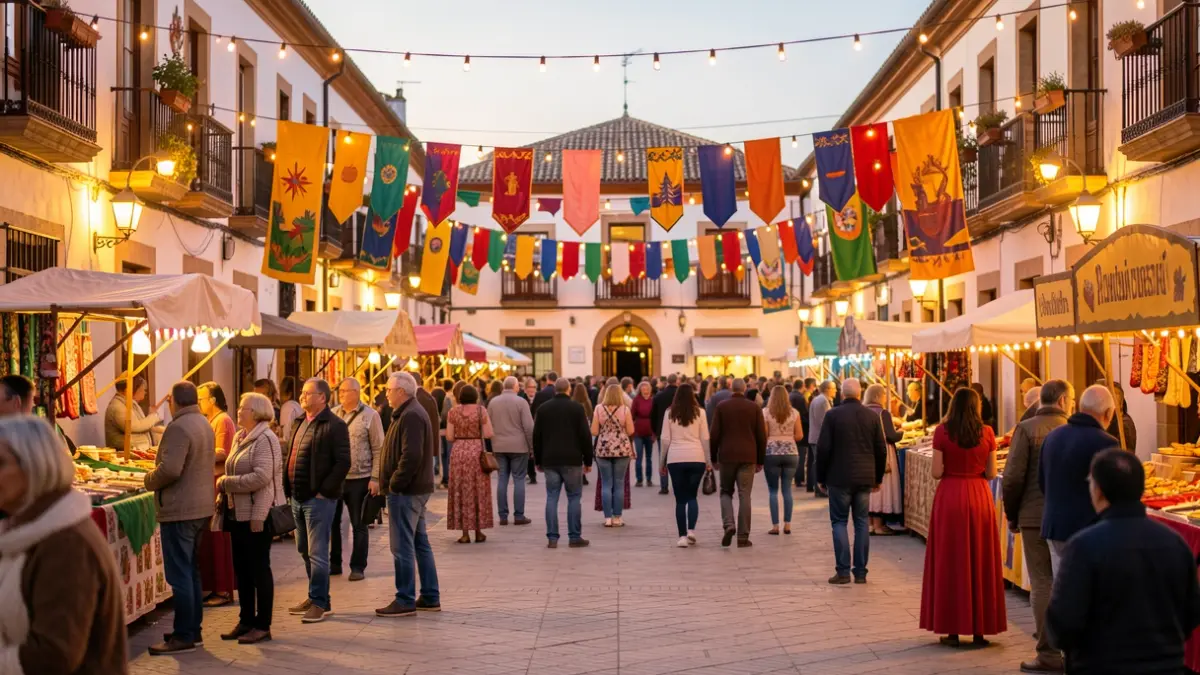 Imagen genérica de una plaza de pueblo andaluz durante una feria con ambiente festivo.