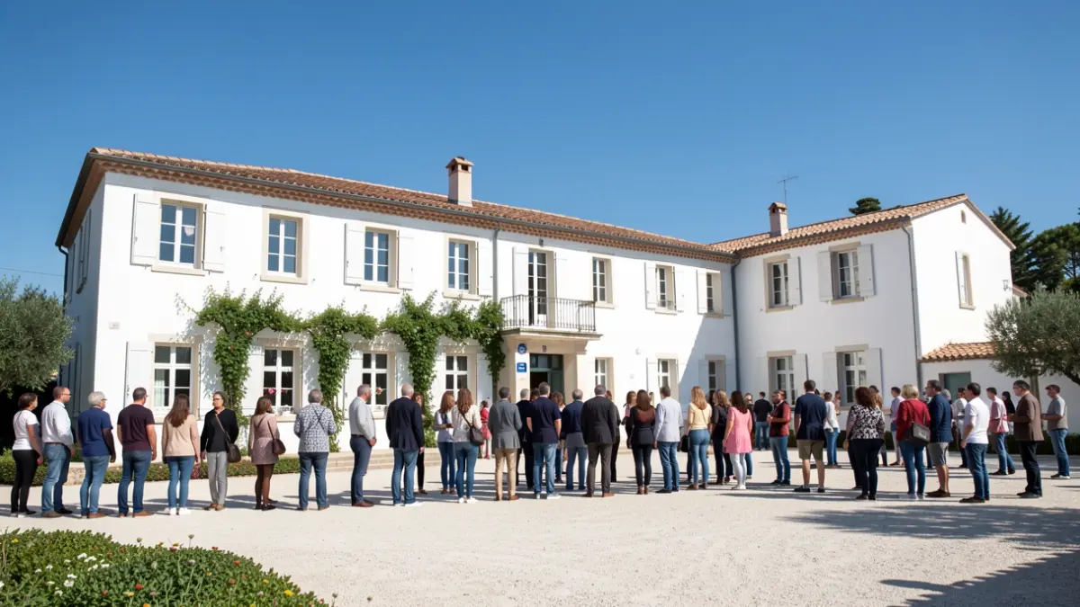 Fachada de un centro educativo con arquitectura mediterránea bajo luz solar intensa.