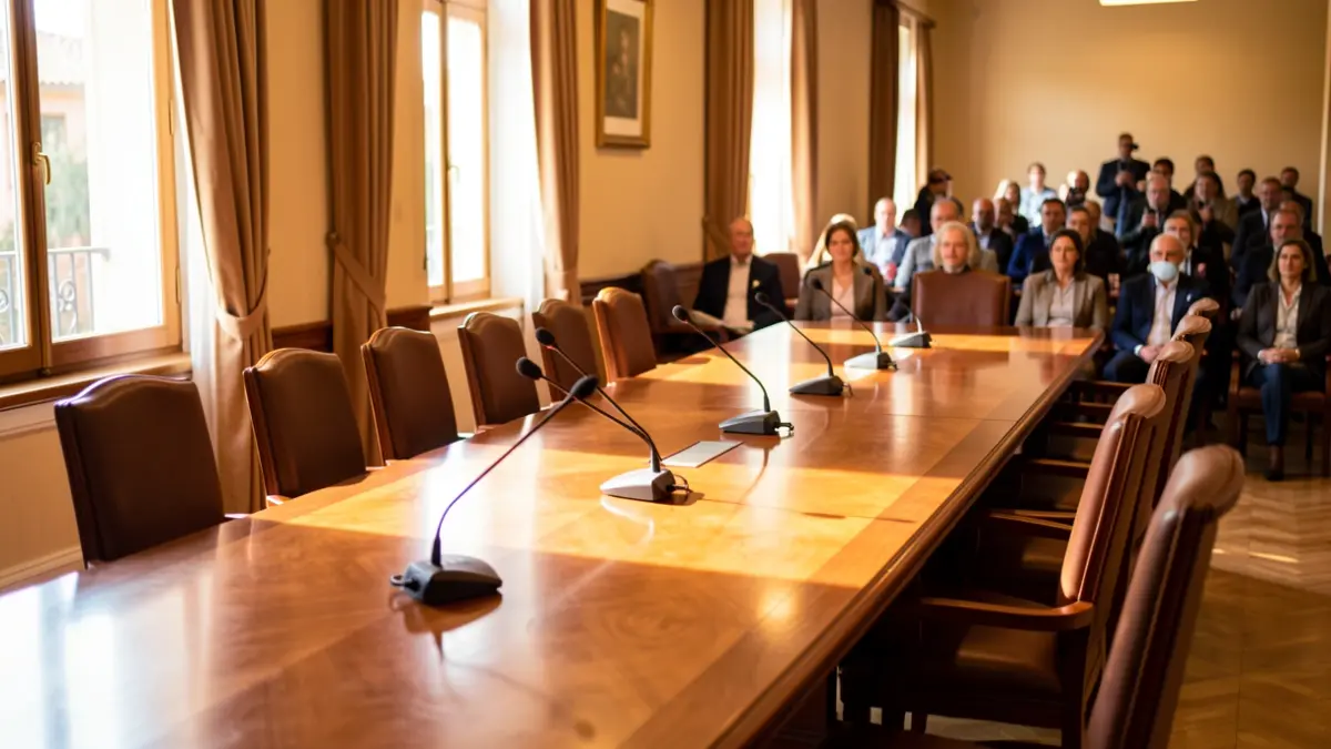 Generic meeting room with a wooden table, microphones, and chairs.