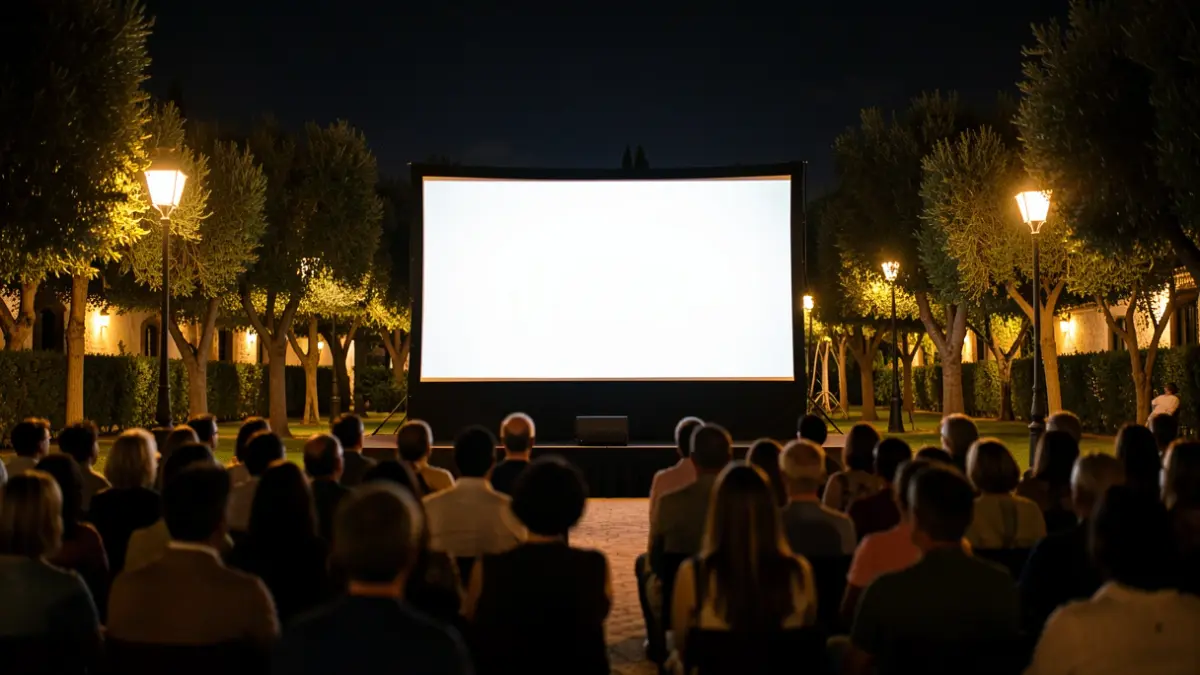 Outdoor summer cinema screen in Andalusia with blurred audience.