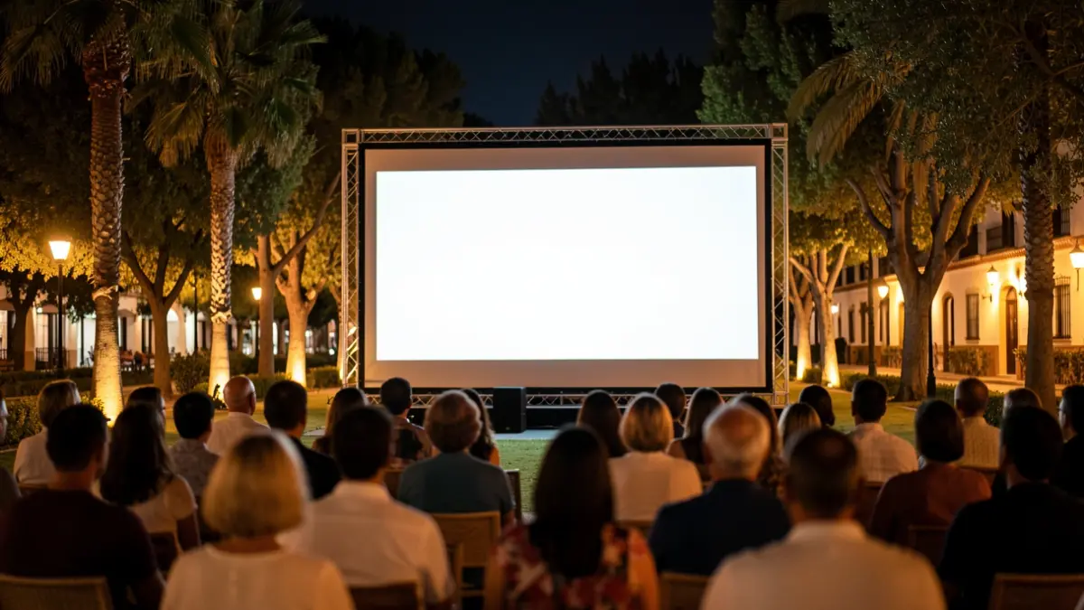 Pantalla de cine de verano al aire libre en Andalucía por la noche.