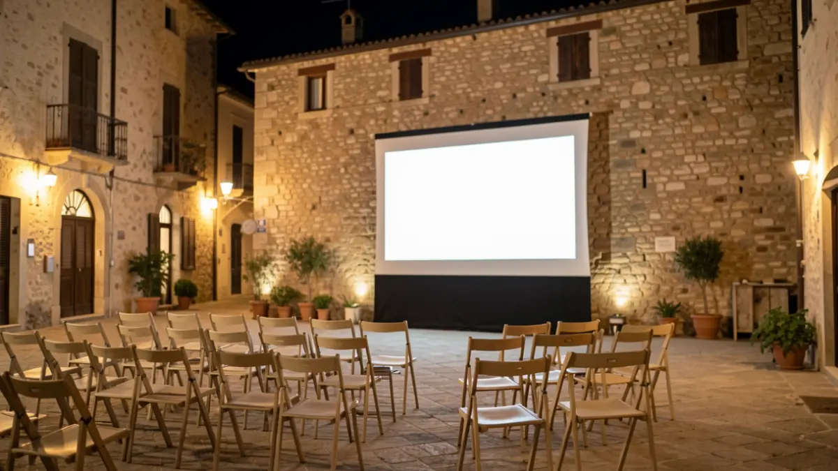 Generic image of an outdoor cinema screen in a town square at night.