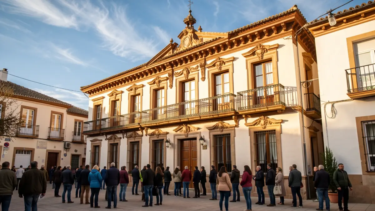 Fachada de un ayuntamiento andaluz con balcón y detalles ornamentales bajo el sol de la tarde.