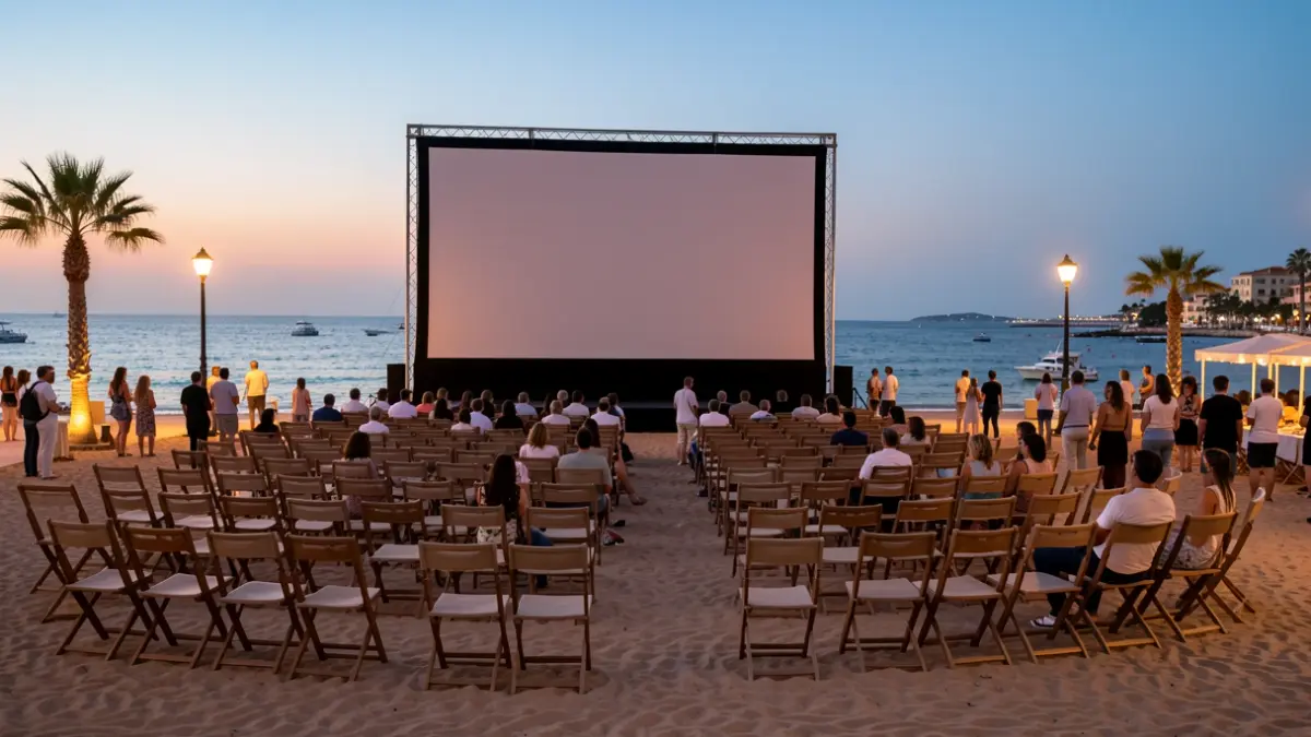 Imagen genérica de una pantalla de cine al aire libre en una playa al atardecer.