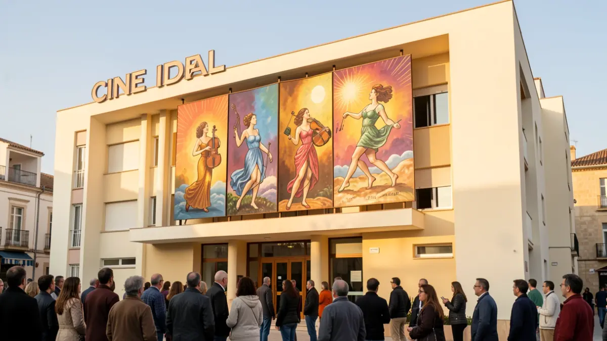 Fachada del Cine Ideal de Baza con un tríptico de arte público recién instalado.