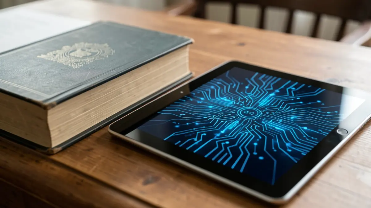 Libro de derecho y tablet con patrones de IA sobre un escritorio.